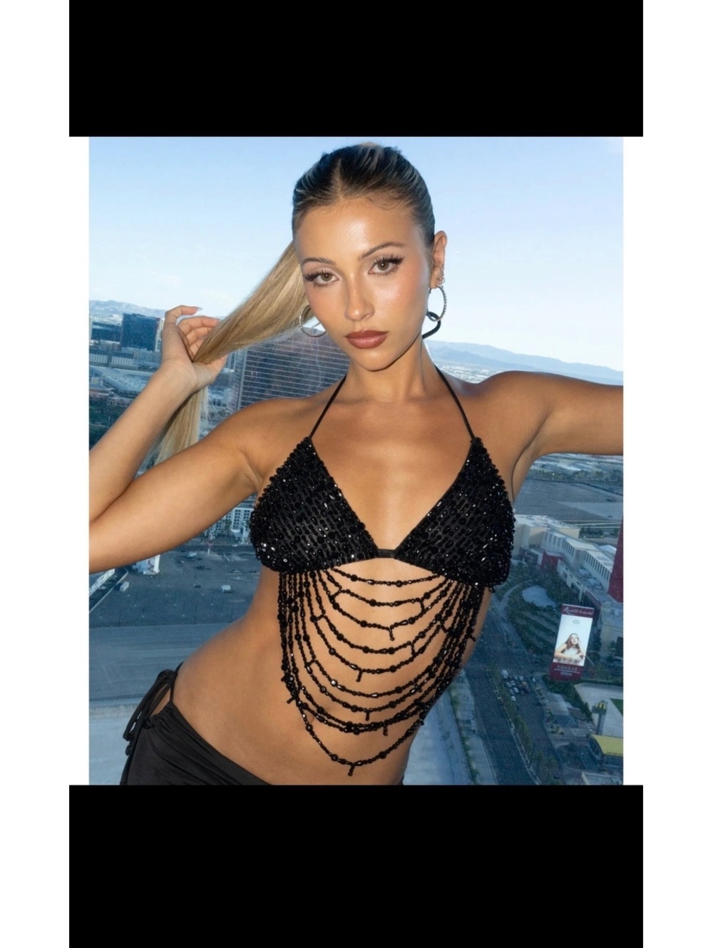 WINDSOR Black Beaded Halter Bikini Top with Draped Chain Detail, Size Small